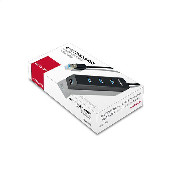 AXAGON HUE-S2BL, 4x USB 3.0 CHARGING hub, micro USB napr. konektor, kábel USB-A 1.2m 