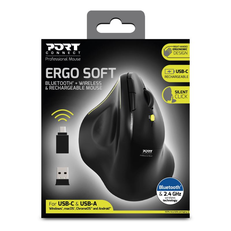 PORT CONNECT ERGO SOFT COLLECTION/ Vertikálna/ Optická/ Pre pravákov/ 1 600 DPI/ USB+BT/ Čierna 