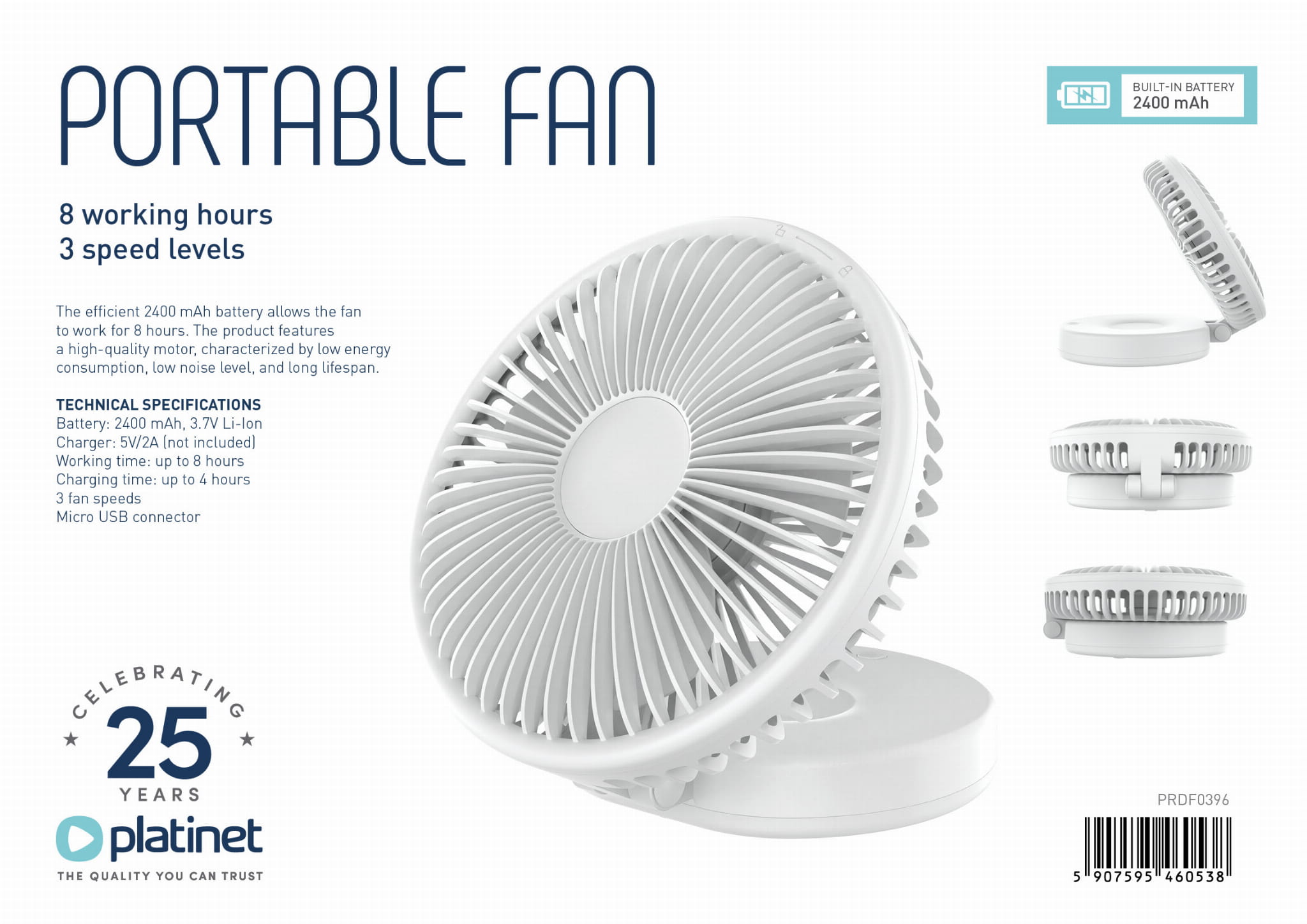 Platinet PRDF0396 skladací stolný ventilátor 19 cm, akumulátor 2400 mAh, biela 