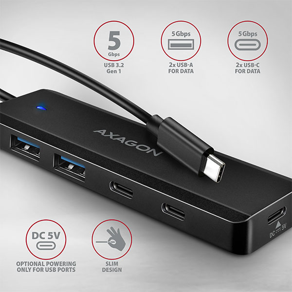 AXAGON HUE-C2C, 4× USB 5Gbps TRAVEL hub, 2× USB-A + 2× USB-C, USB-C napájanie, kábel USB-C 19cm 