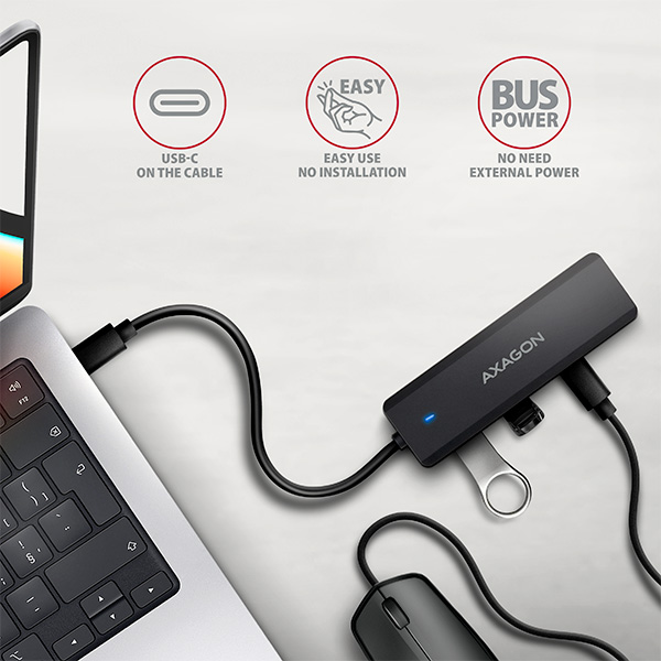 AXAGON HUE-C2C, 4× USB 5Gbps TRAVEL hub, 2× USB-A + 2× USB-C, USB-C napájanie, kábel USB-C 19cm 