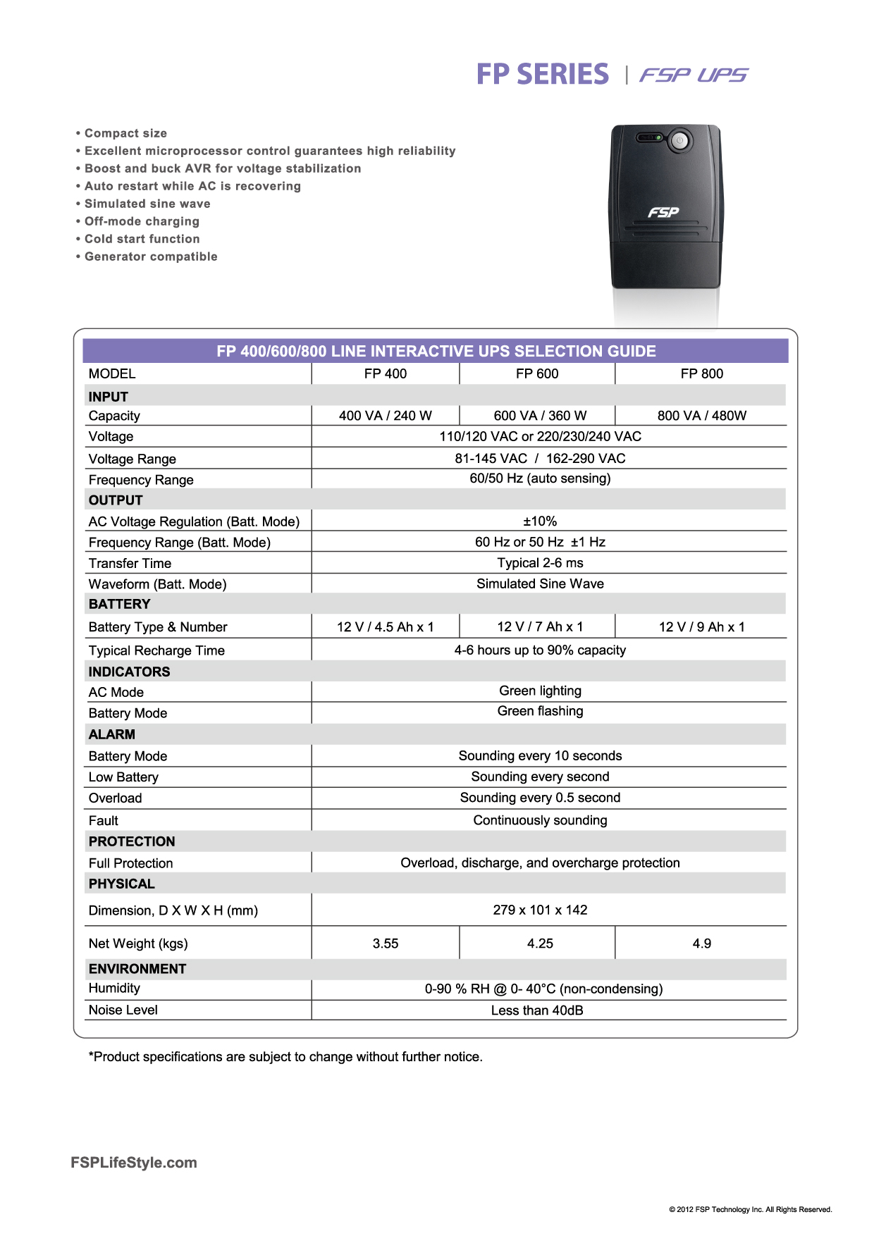 FSP UPS FP 800, 800 VA / 480 W, line interactive 