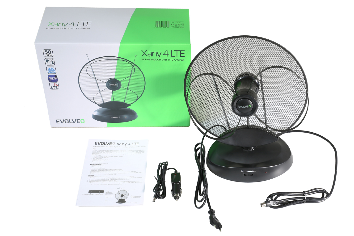EVOLVEO Xany 4, 230/ 12V, aktívna izbová anténa FM/ DAB+/ DVB-T2, filter LTE, 4G, 5G 