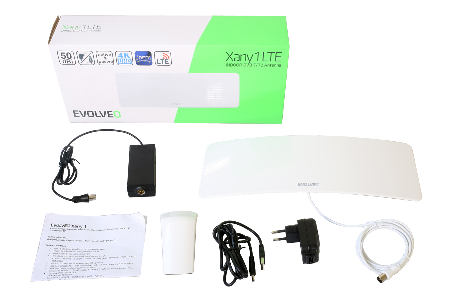 EVOLVEO Xany 1, 230/ 5V, aktívna izbová anténa DAB+/ DVB-T2, filter LTE, 4G, 5G 