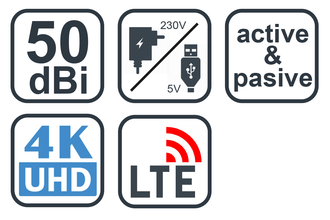 EVOLVEO Xany 1 LTE 230/ 5V, 50dBi aktivní pokojová anténa DVB-T/ T2, LTE filtr 