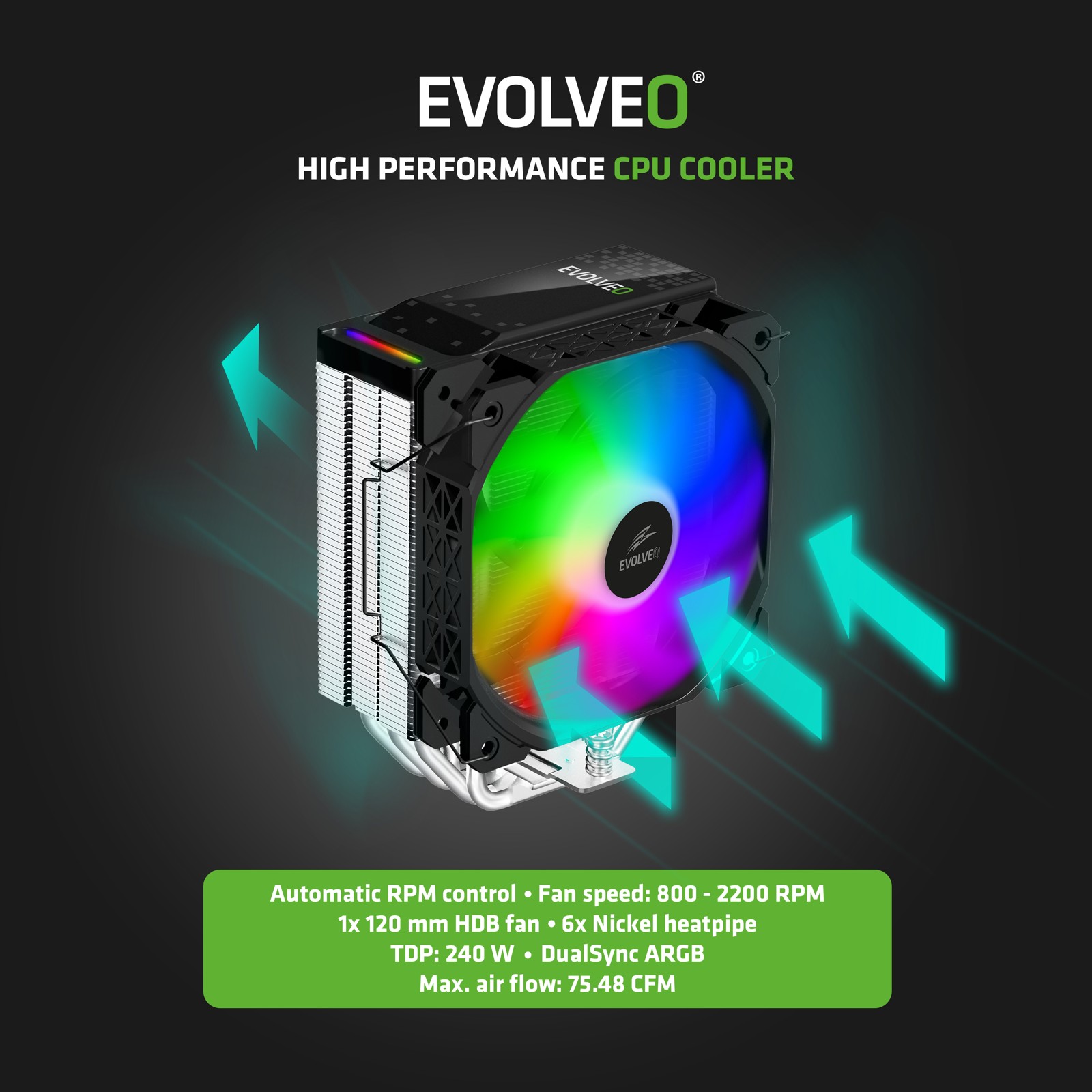 EVOLVEO QuietCool5, CPU chladič, 6x heatpipe, čierny 