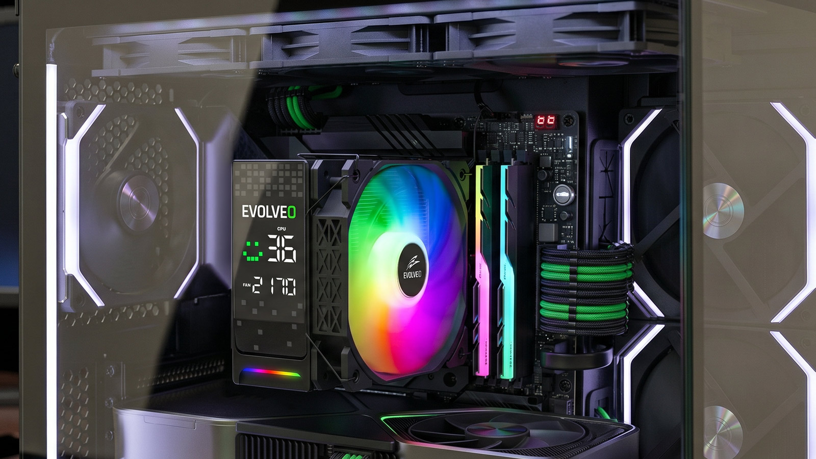 EVOLVEO QuietCool7, CPU chladič s digitálnym displejom, 6x heatpipe, čierny 