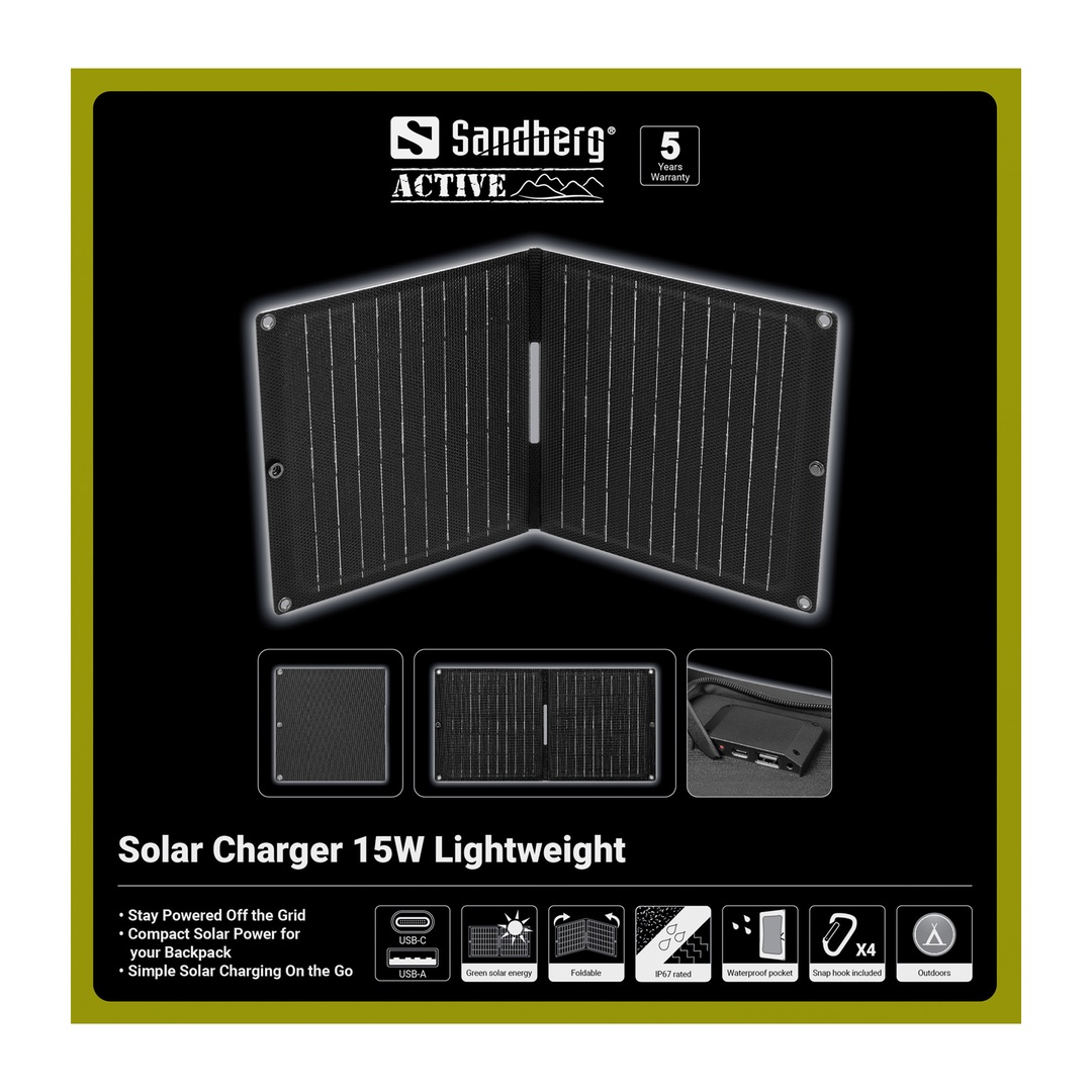 Sandberg Solar Charger 15W Lightweight, skladacia solárna nabíjačka, čierna 