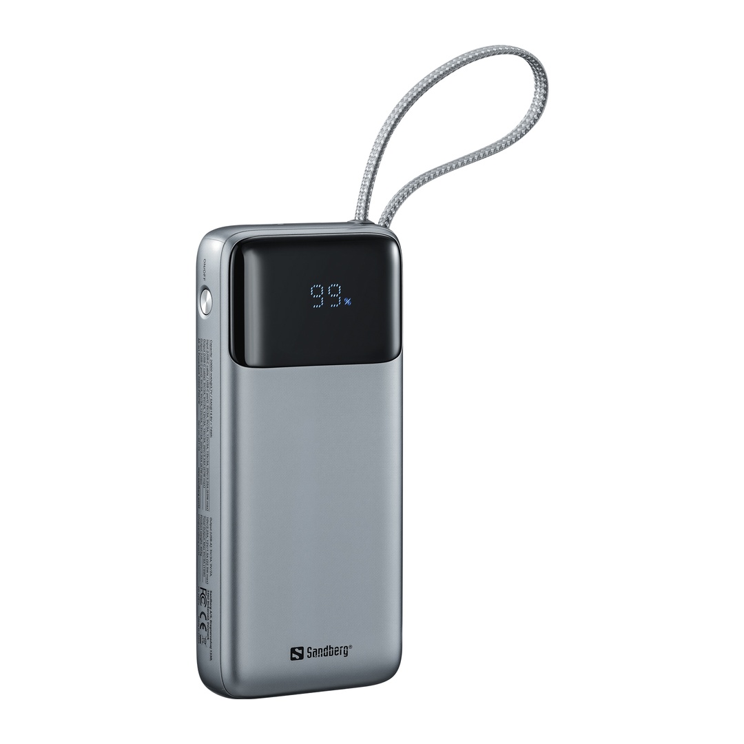 Sandberg All-in1 Powerbank 20000 mAh PD 67W, powerbanka s integrovaným USB-C káblom, čierna 