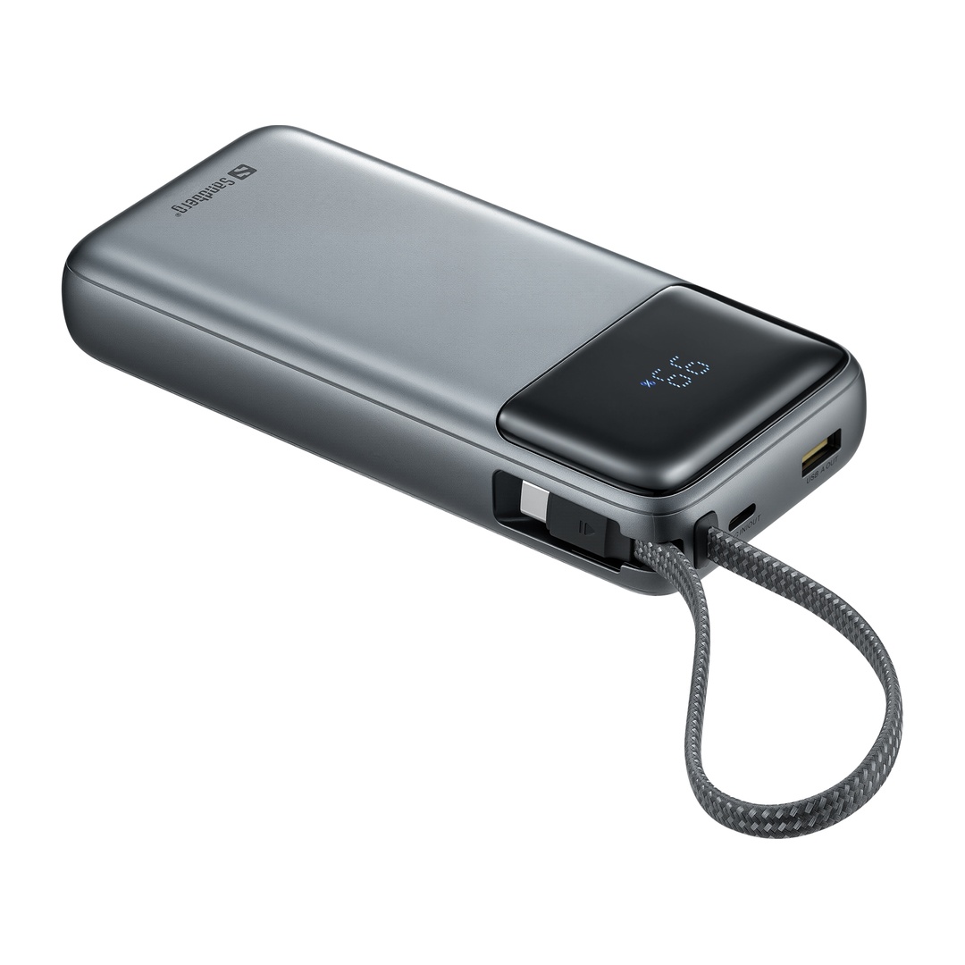 Sandberg All-in1 Powerbank 20000 mAh PD 67W, powerbanka s integrovaným USB-C káblom, čierna 