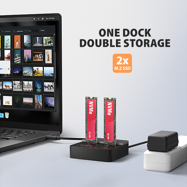 AXAGON ADSA-M2C22L, USB-C 20Gbps dokovacia stanica pre 2× M.2 NVMe SSD s funkciou klonovania 