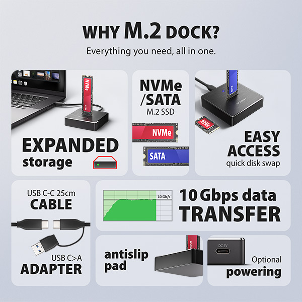 AXAGON ADSA-M2C11, USB-C 10Gbps dokovacia stanica pre 1× M.2 NVMe/ SATA SSD 