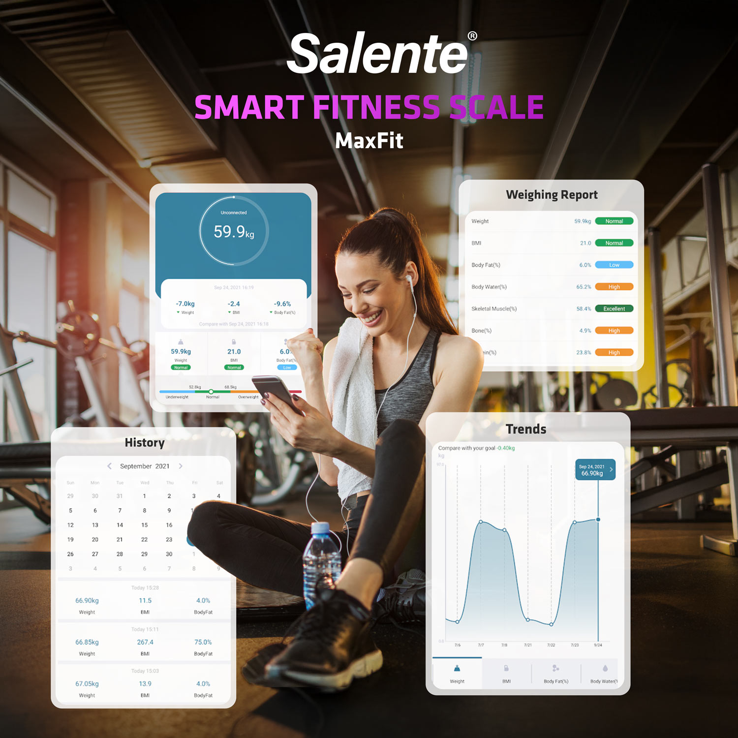Salente MaxFit, múdra osobná diagnostická fitness váha, Bluetooth, biela 