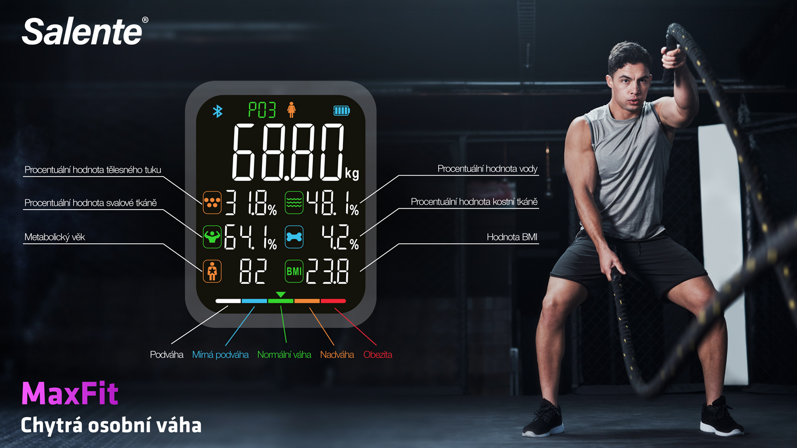 Salente MaxFit, múdra osobná diagnostická fitness váha, Bluetooth, biela 