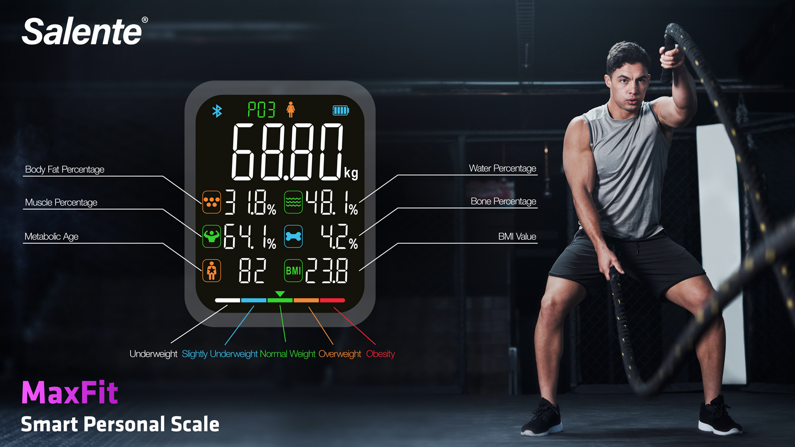 Salente MaxFit, múdra osobná diagnostická fitness váha, Bluetooth, biela 
