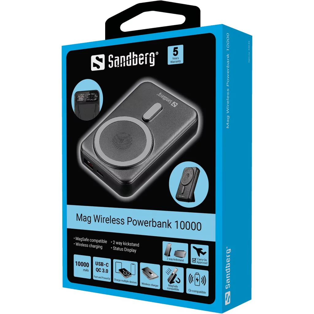 Sandberg Mag bezdrôtová powerbanka 10000mAh (37 Wh), čierna 