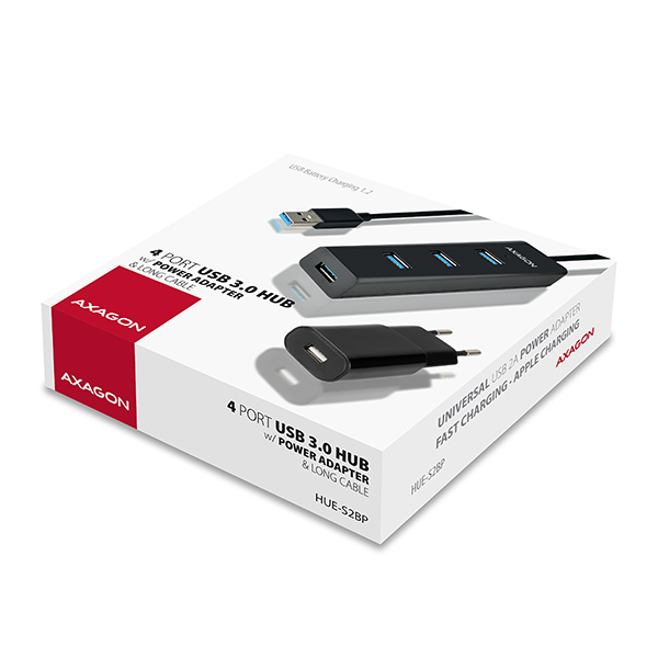 AXAGON HUE-S2BP, 4x USB 3.0 CHARGING hub, vr. AC adaptéra, kábel USB-A 1.2m 