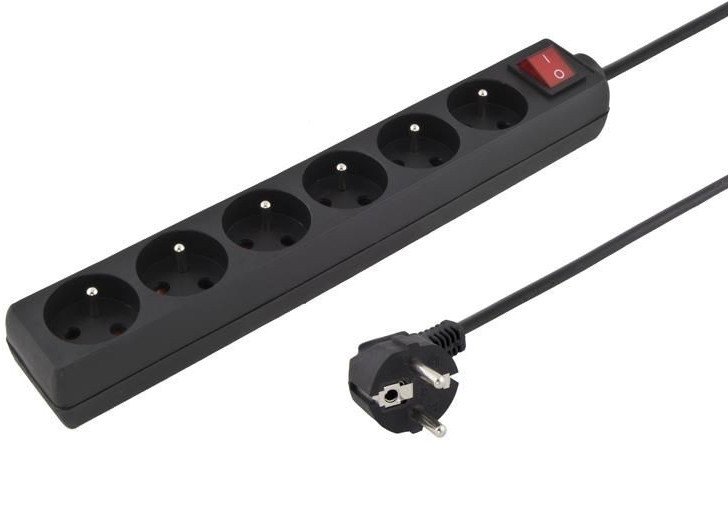 Predlžovací prívod 230V 5m 6 zásuviek, vyp, čierny
