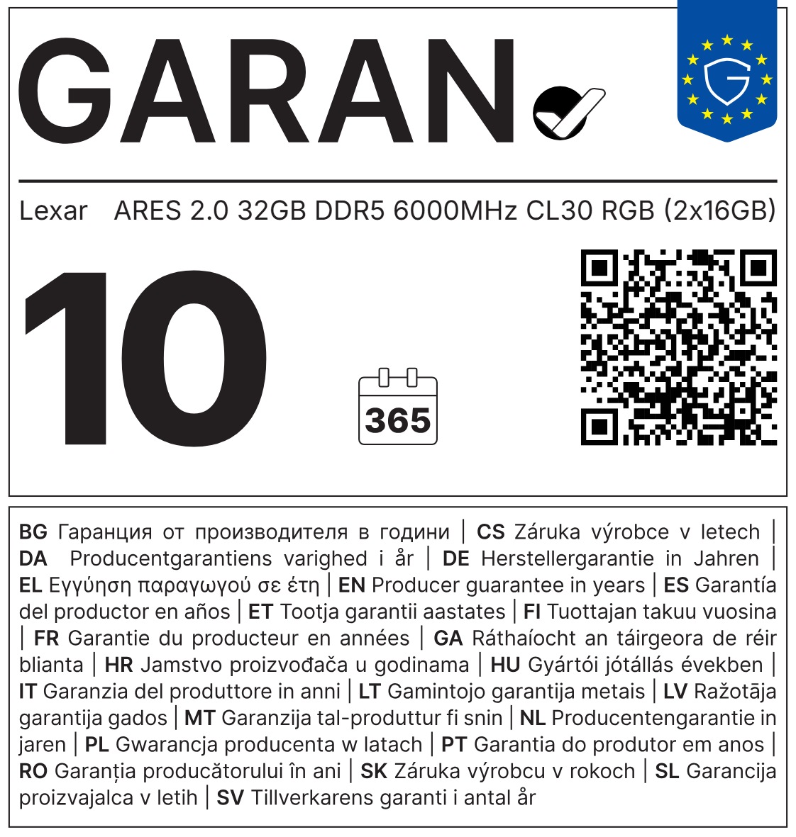 Lexar ARES/ DDR5/ 32GB/ 6000MHz/ CL30/ 2x16GB/ RGB/ Black 