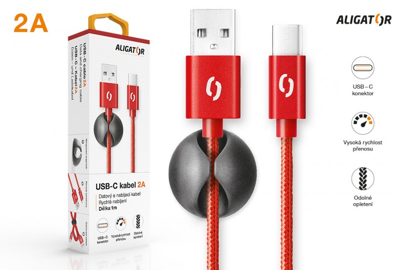 ALIGATOR PREMIUM Dátový kábel 2A, USB-C červená 