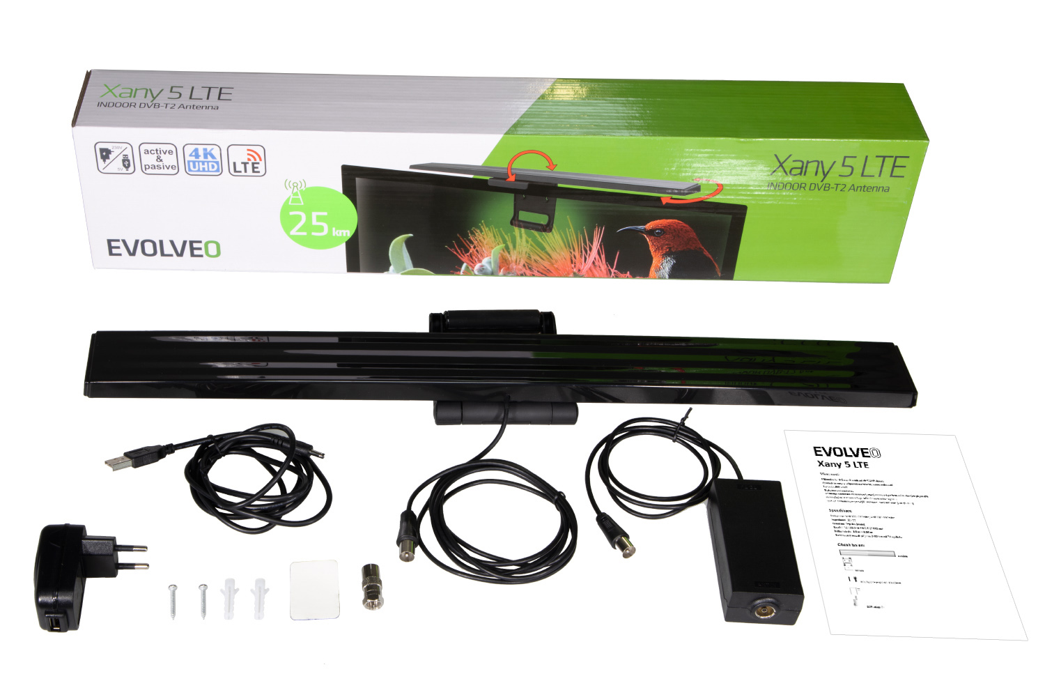 EVOLVEO Xany 5 LTE, 230/ 5V, aktívna izbová anténa DAB+/ DVB-T2, filter LTE 