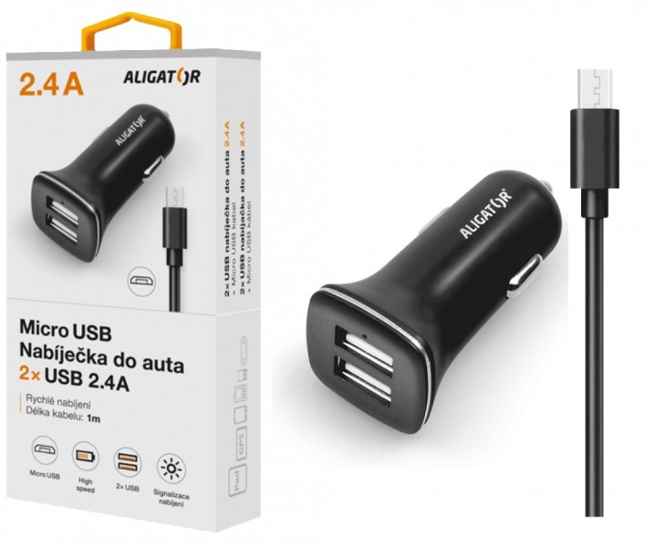 ALIGATOR Nabí. do auta microUSB 2, 4A TCH černá