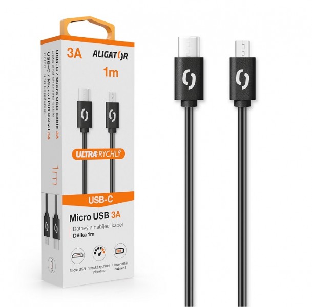 ALIGATOR Dátový kábel POWER 3A, USB-C/ microUSB čierny 