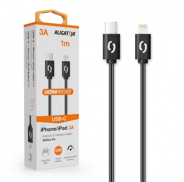 ALIGATOR Dátový kábel POWER 3A, USB-C/ lightning čierny 