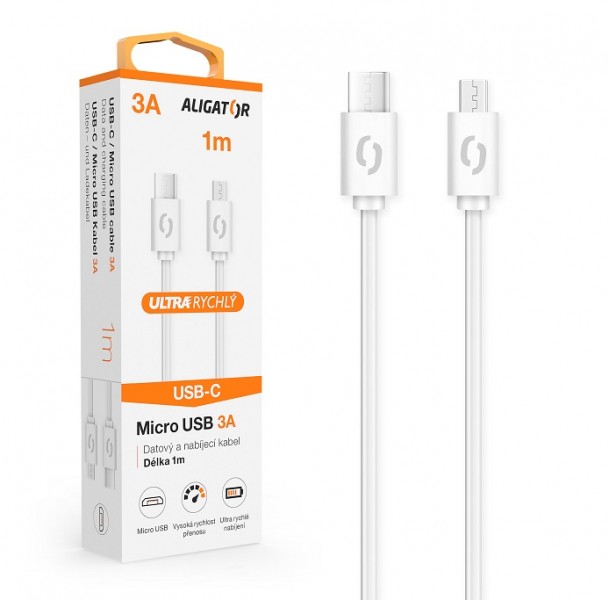 ALIGATOR Datový kabel POWER 3A, USB-C/ microUSB bílý 