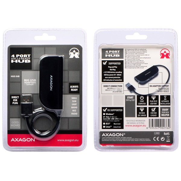 AXAGON HUE-X4B, 4x USB2.0 READY hub, čierny 