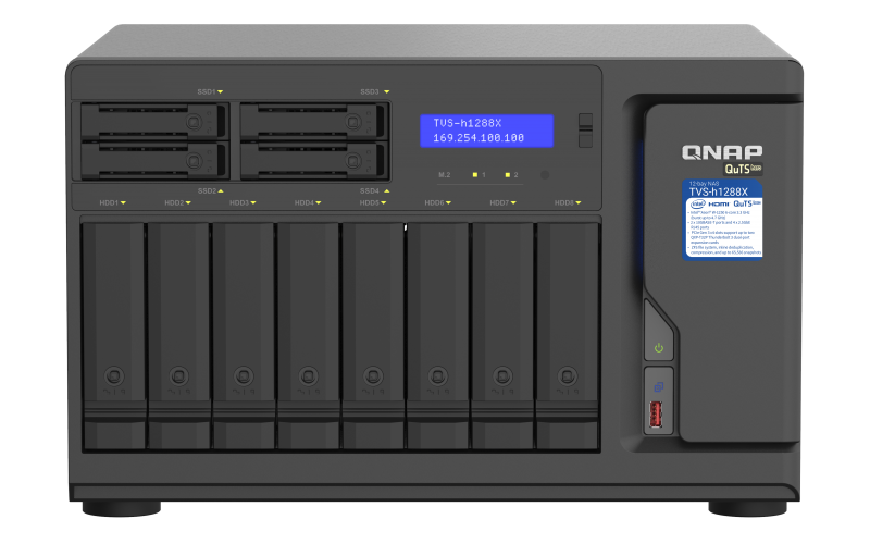 QNAP TVS-h1288X-W1250-16G (Xeon 3, 3GHz, ZFS, 16GB ECC RAM, 8x 3, 5" + 4x 2, 5", 2x M.2 NVMe, 4x 2, 5GbE) 