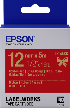 Epson zásobník se štítky – saténový pásek, LK-4HKK, zlatá/ červená, 12 mm (5 m)