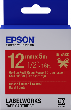 Epson zásobník so štítkami – saténový pásik, LK-4HKK, zlatá/ červená, 12 mm (5 m)