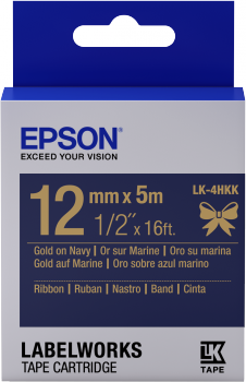 Epson zásobník se štítky – saténový pásek, LK-4HKK, zlatá / námořnická modrá, 12 mm (5 m)