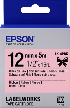 Epson zásobník so štítkami – saténový pásik, LK-4HKK, čierna/ ružová, 12 mm (5 m)