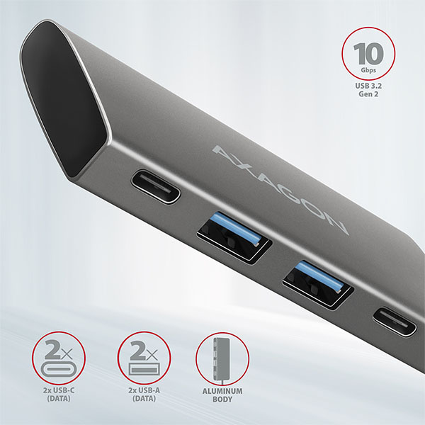 AXAGON HMC-4G2, USB-C 3.2 Gen 2 10 Gb/ s hub, porty 2x USB-A + 2x USB-C, kábel USB-C 13cm 