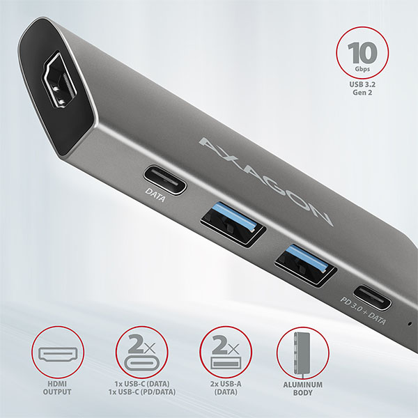 AXAGON HMC-5G2, USB 10Gbps hub, porty 2x USB-A, 2x USB-C, HDMI 4k/ 60, PD 100W, kábel USB-C 13cm 