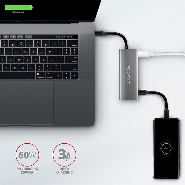 AXAGON HMC-5G2, USB 10Gbps hub, porty 2x USB-A, 2x USB-C, HDMI 4k/ 60, PD 100W, kábel USB-C 13cm 