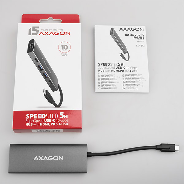 AXAGON HMC-5G2, USB 10Gbps hub, porty 2x USB-A, 2x USB-C, HDMI 4k/ 60, PD 100W, kábel USB-C 13cm 