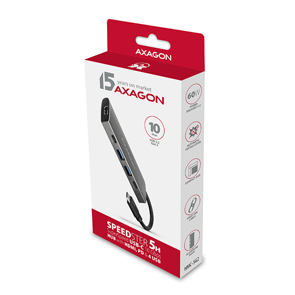 AXAGON HMC-5G2, USB 10Gbps hub, porty 2x USB-A, 2x USB-C, HDMI 4k/ 60, PD 100W, kábel USB-C 13cm 
