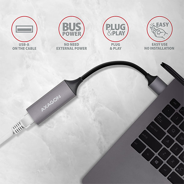 AXAGON ADE-TR, USB-A 3.2 Gen 1 - Gigabit Ethernet sieťová karta, auto inštal, titánovo šedá 