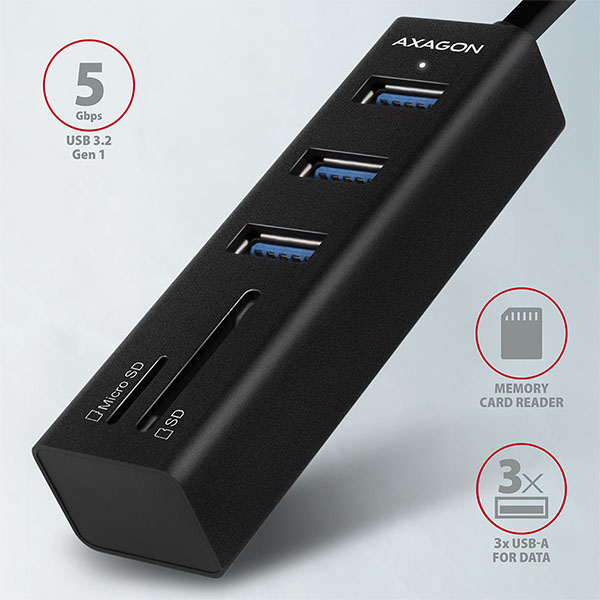 AXAGON HMA-CR3A, USB 3.2 Gen 1 hub, porty 3x USB-A + čítačka kariet SD/ microSD, kovový, kábel USB-A 20 