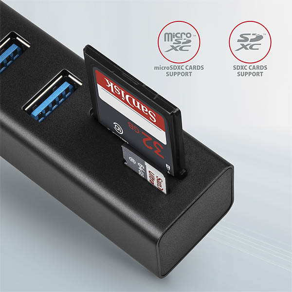 AXAGON HMA-CR3A, USB 3.2 Gen 1 hub, porty 3x USB-A + čítačka kariet SD/ microSD, kovový, kábel USB-A 20 