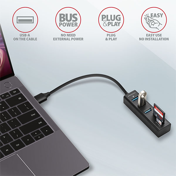 AXAGON HMA-CR3A, USB 3.2 Gen 1 hub, porty 3x USB-A + čítačka kariet SD/ microSD, kovový, kábel USB-A 20 