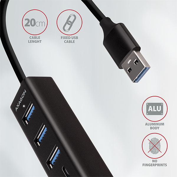 AXAGON HMA-CR3A, USB 3.2 Gen 1 hub, porty 3x USB-A + čítačka kariet SD/ microSD, kovový, kábel USB-A 20 