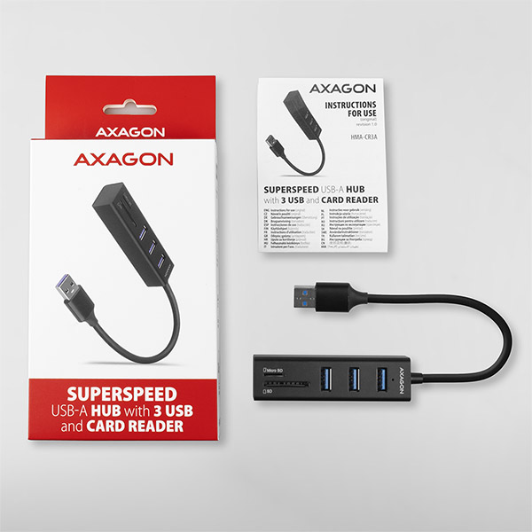 AXAGON HMA-CR3A, USB 3.2 Gen 1 hub, porty 3x USB-A + čítačka kariet SD/ microSD, kovový, kábel USB-A 20 