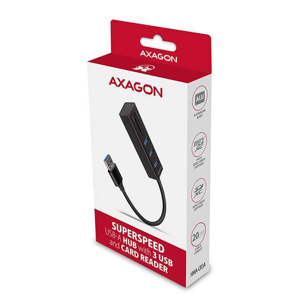 AXAGON HMA-CR3A, USB 3.2 Gen 1 hub, porty 3x USB-A + čítačka kariet SD/ microSD, kovový, kábel USB-A 20 
