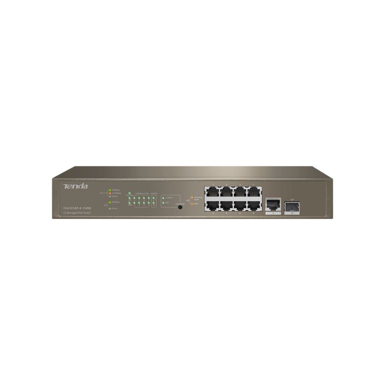 Tenda TEG5310P-8-150W - L3 riadený gigabitový PoE AT switch,  8x PoE AF/ AT 10/ 100/ 1000Mbps,  1xSFP 1Gbps 