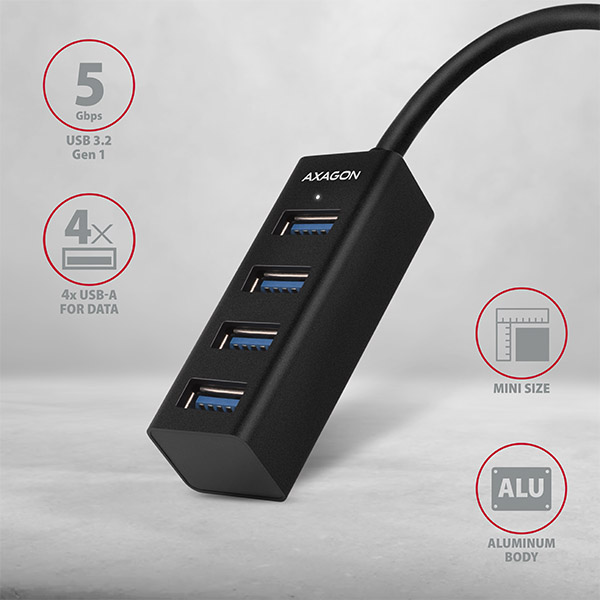 AXAGON HUE-M1C, 4x USB 3.2 Gen 1 MINI hub, kovový, kábel USB-C 20cm 