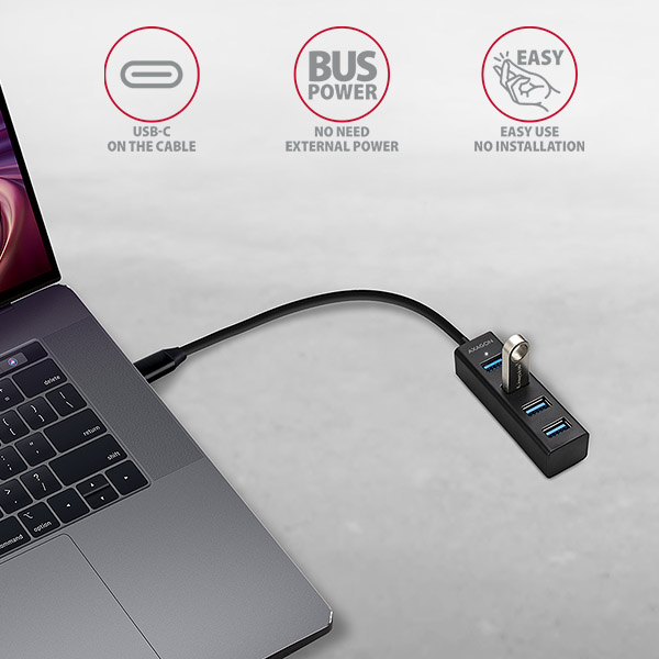 AXAGON HUE-M1C, 4x USB 3.2 Gen 1 MINI hub, kovový, kábel USB-C 20cm 